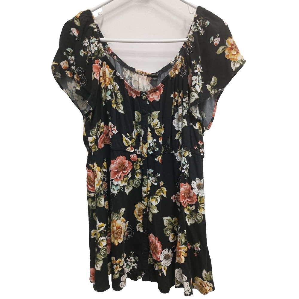 Torrid BOHO Babydoll Top‎ Womens Size 1X Black Floral Off Shoulder Short Sleeve
